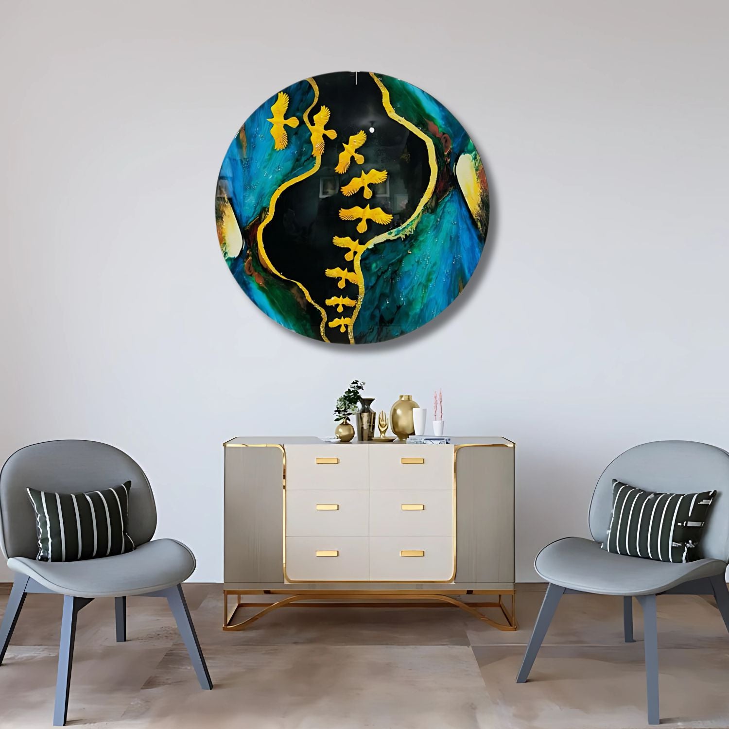 Abstract Round Wall Art With Golden Birds and Blue Tones
