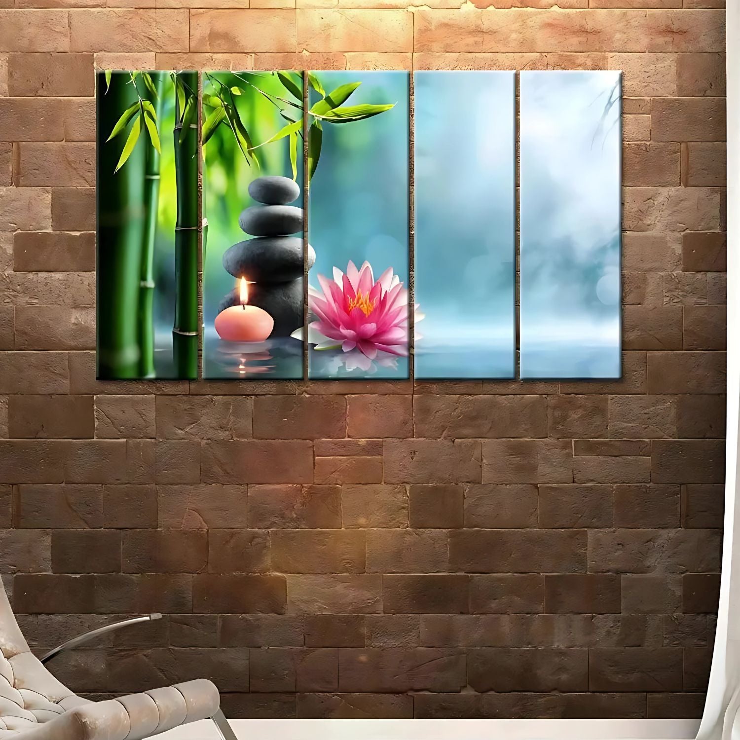 Beautiful Zen Bamboo Lotus Candle 5-Panel Canvas Wall Art Decor