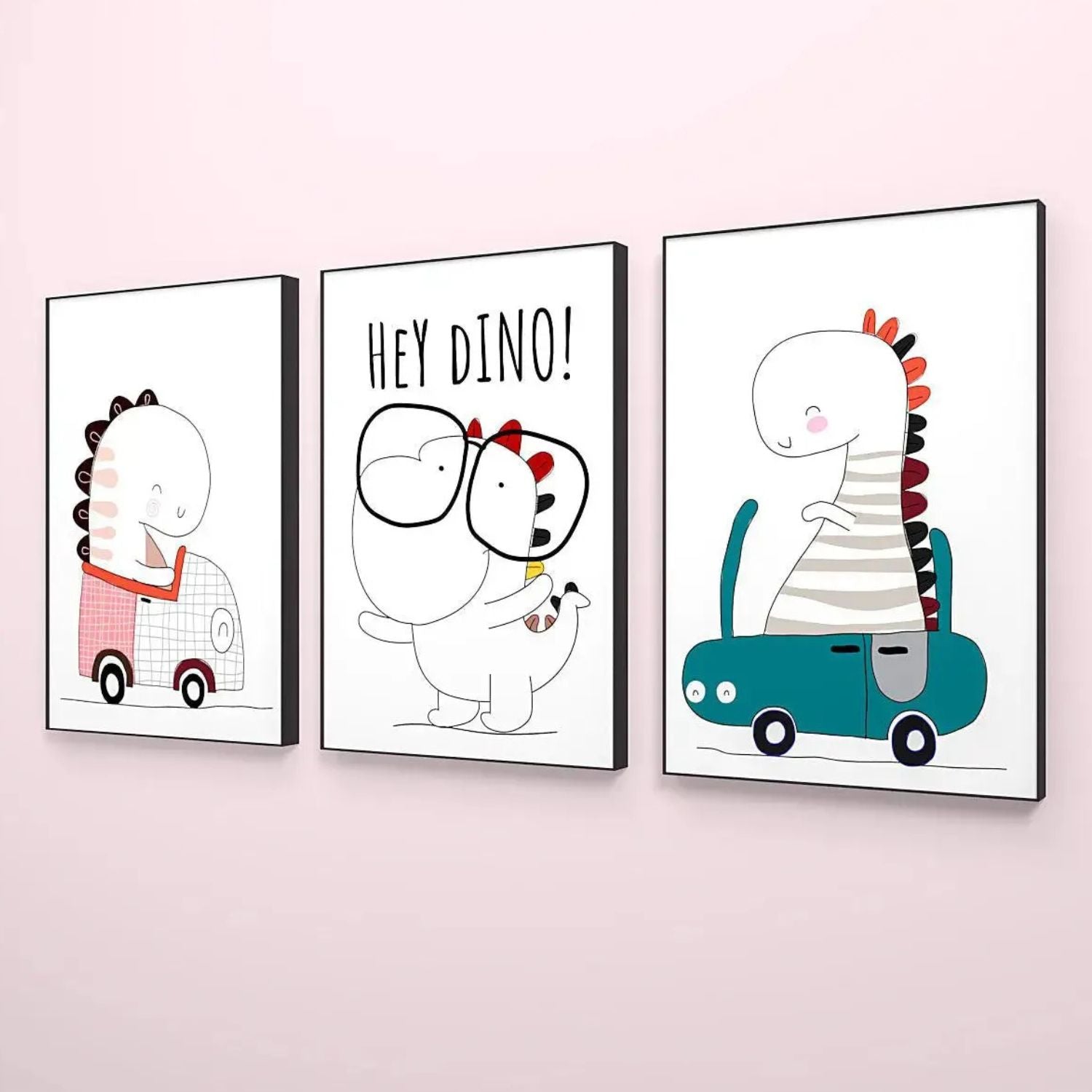 Cute Baby Dinosaur Nursery Wall Art - Set of 3 Framed Prints For Kids Room