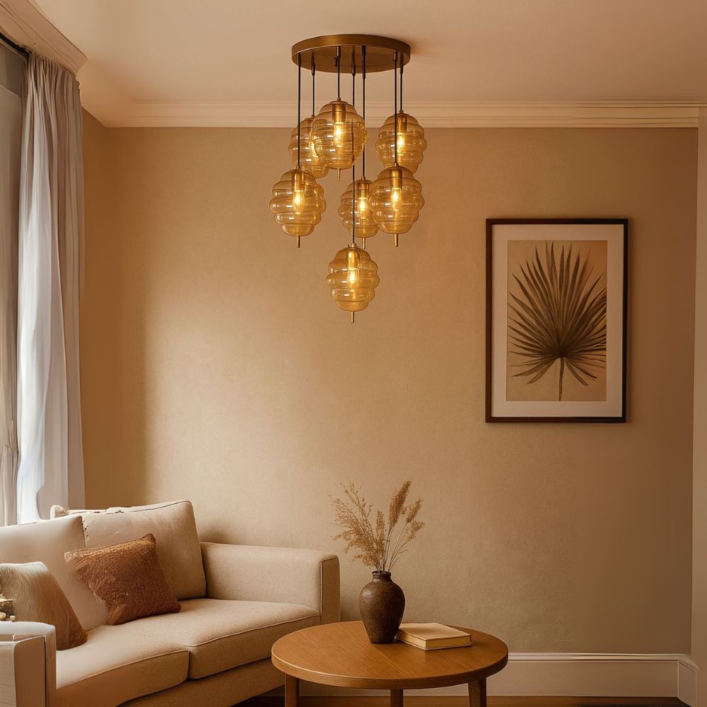Elegant Modern Ceiling Light - Antique Gold With Amber/Smoke Grey Glass Chandelier
