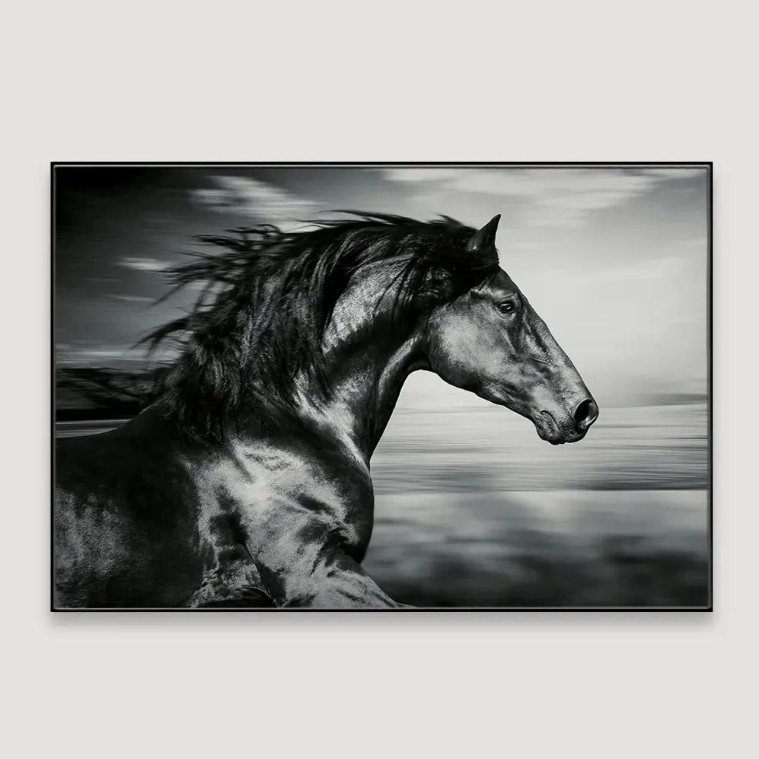 Black Stallion Running Wall Art With Bold Monochrome Canvas Print