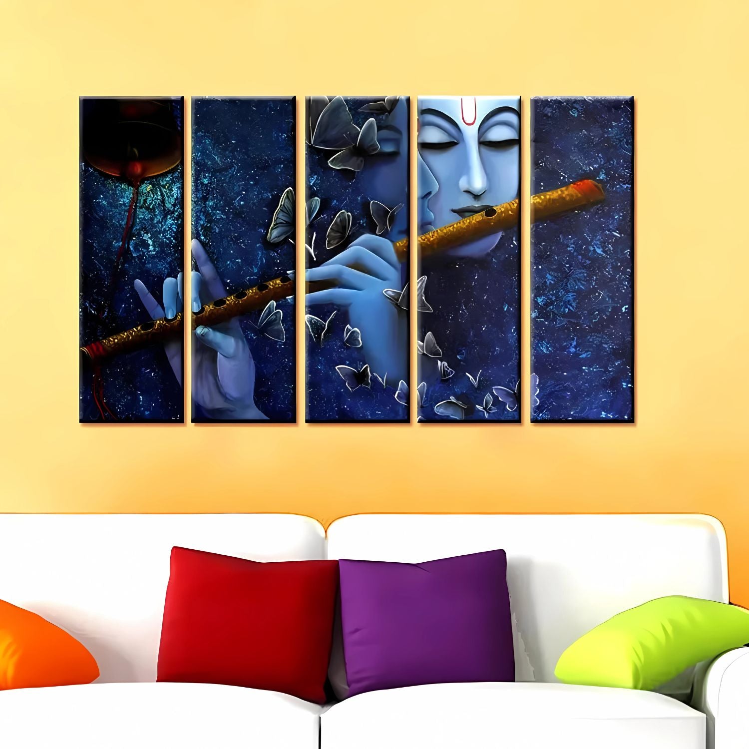 Lord Krishna Flute Playing Canvas Painting With Butterfly Design