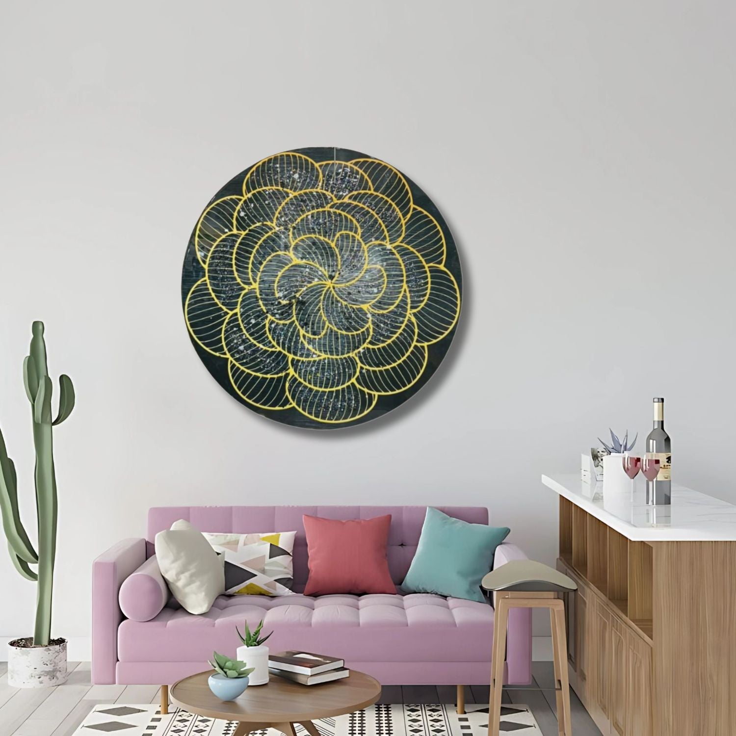 Modern Geometric Round Wall Art With Golden Floral Design