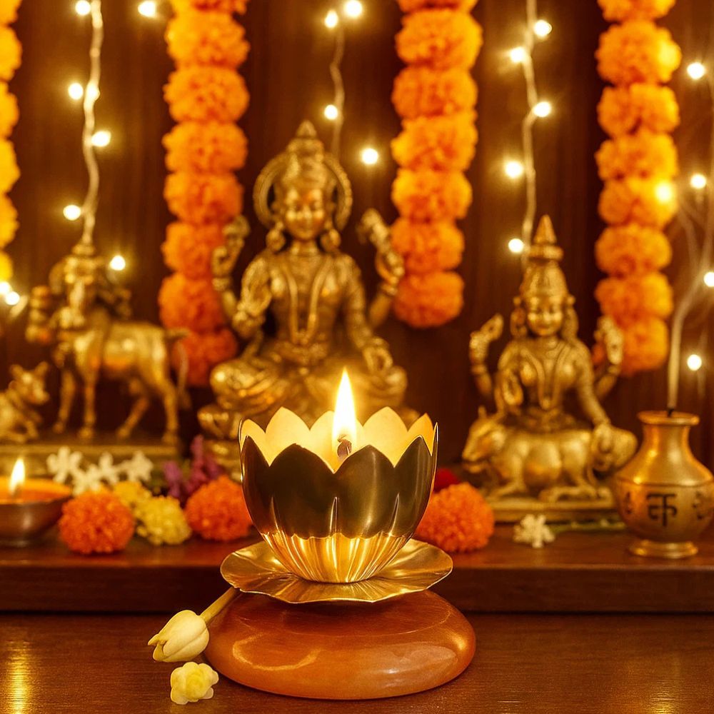 Elegant Silver Plated Shanti Deep With Lotus Design For Puja