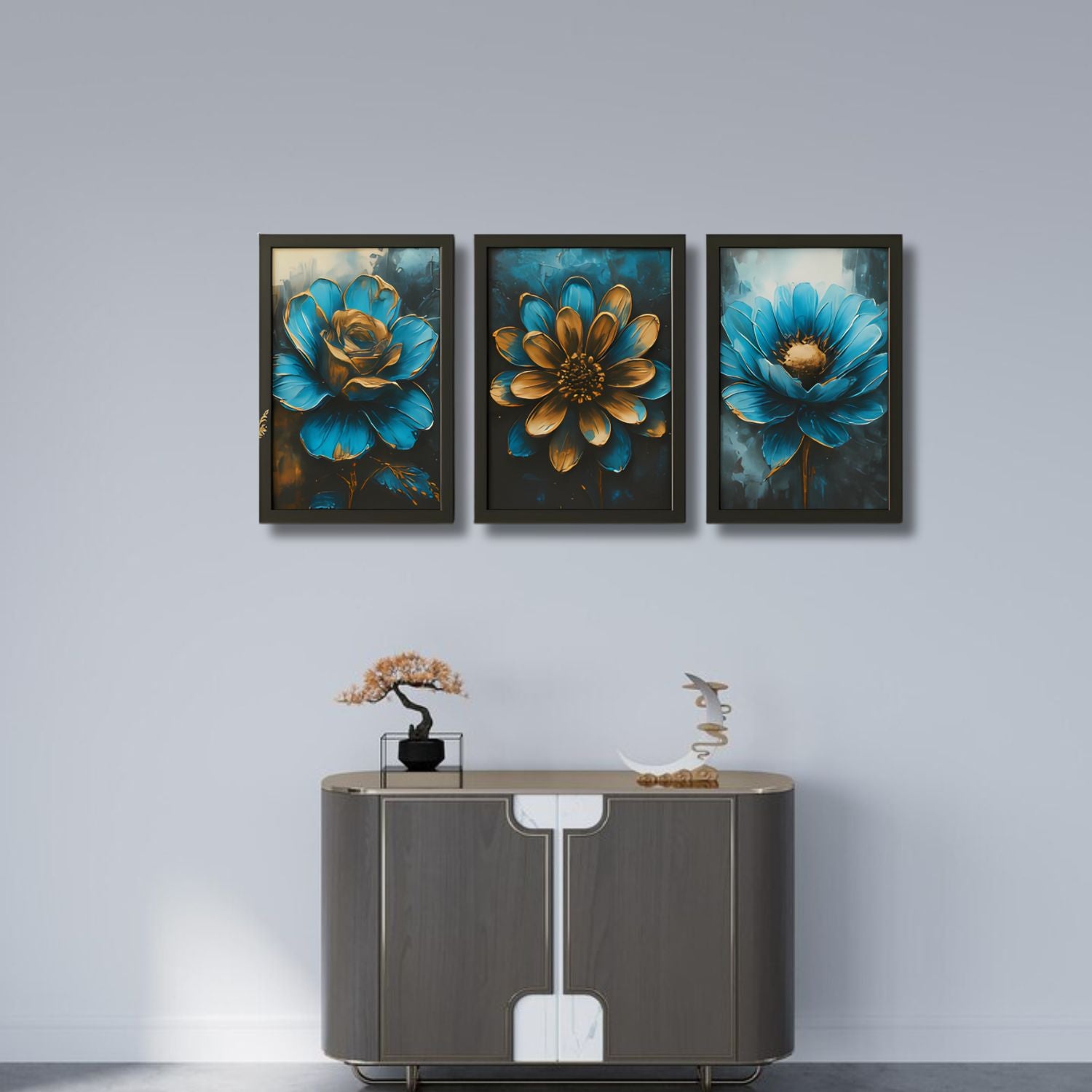 Beautiful Modern Bold Blue and Gold Floral Canvas Wall Art Set of 3