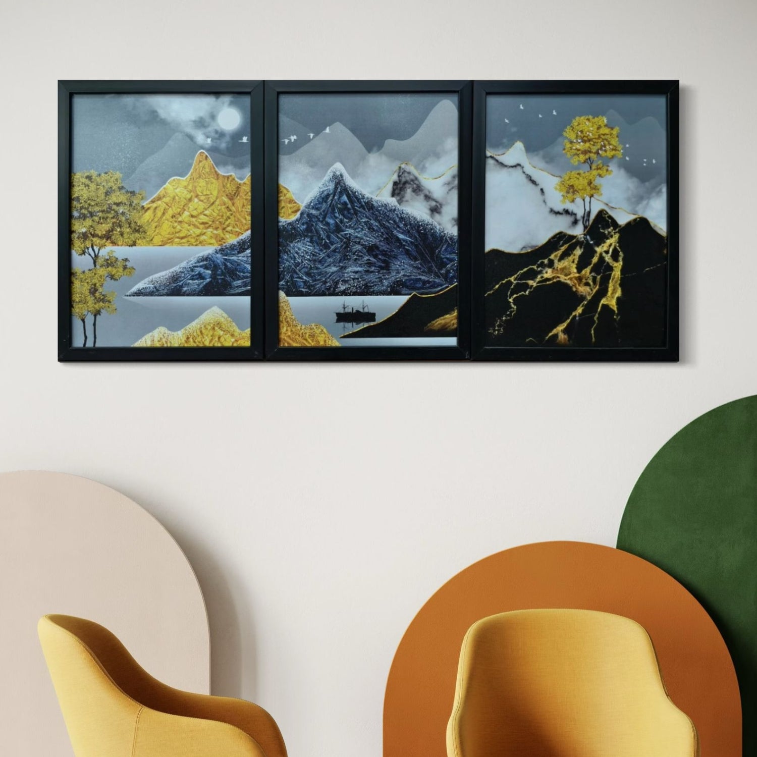 Abstract Golden Mountain Landscape Wall Art Set - 3 Framed Nature-Inspired Prints