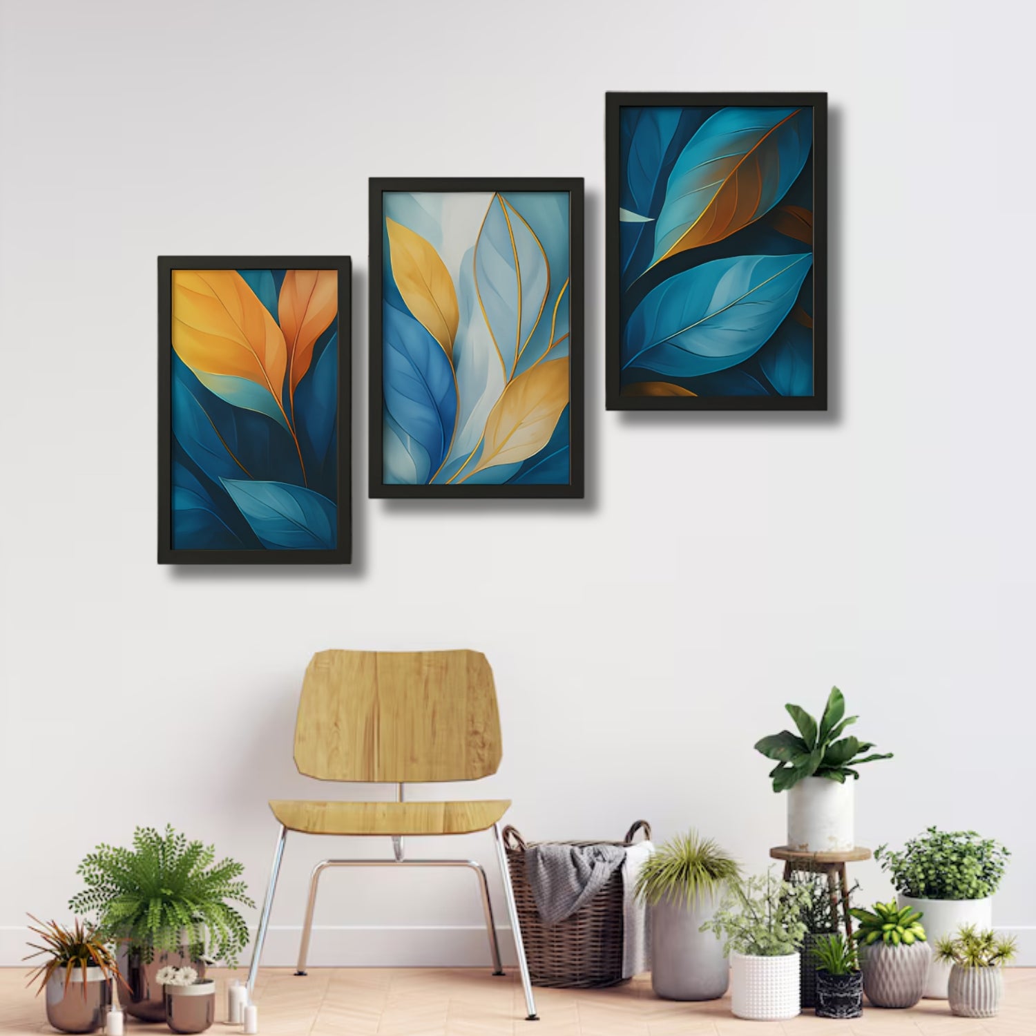 Modern Botanical Leaf Wall Art Set - 3 Framed Blue and Gold Prints