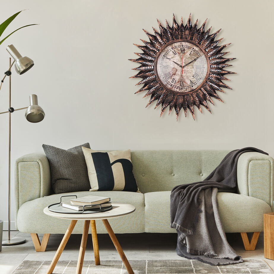 Vintage Sunburst Metal Wall Clock with Roman Numerals Design