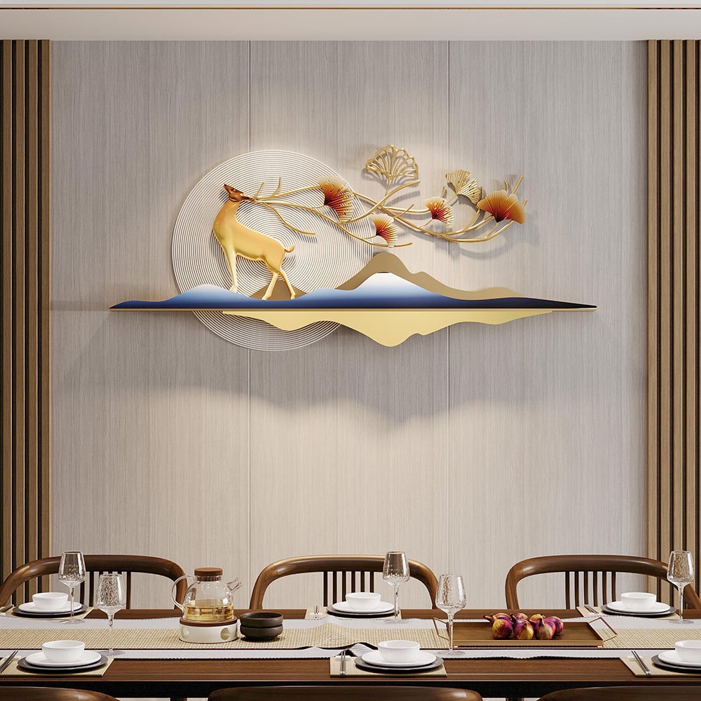 Elegant 3D Metal Wall Art – Golden Deer & Nature Scene
