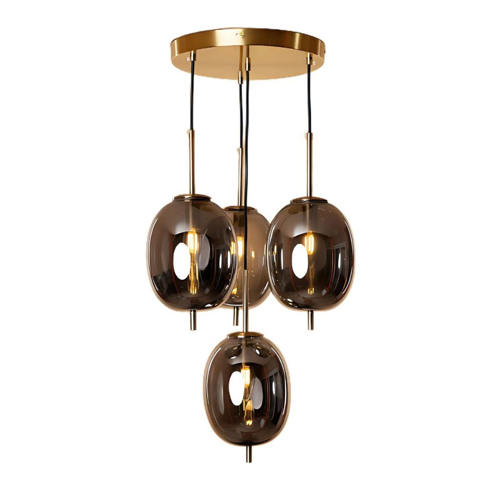 Classic Amber/Smoke Grey Glass Chandelier - Elegant Antique Gold 4-Light Ceiling Pendant