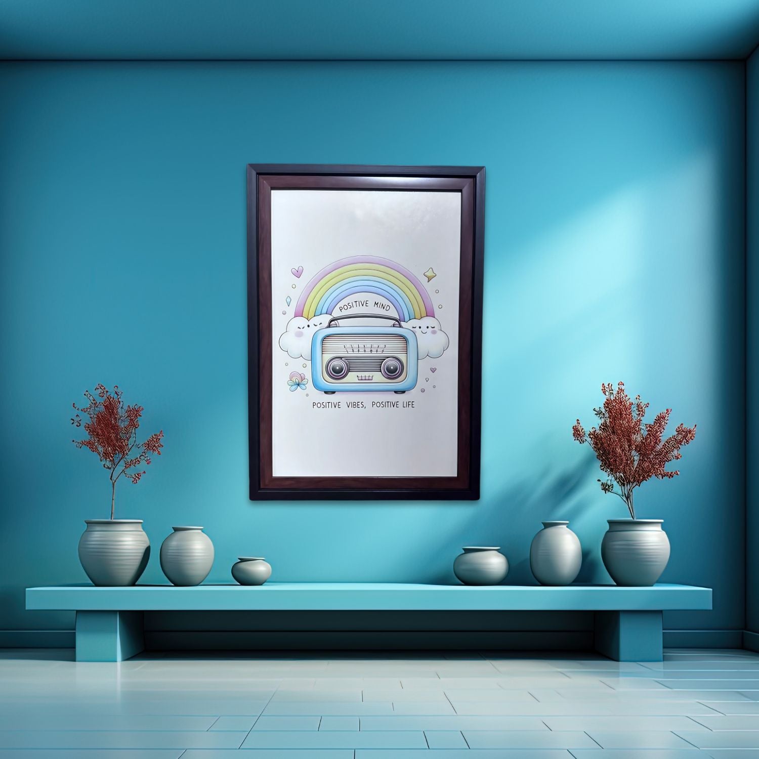Colorful Rainbow Wall Art With Cute Radio – Positive Vibes Decor Print