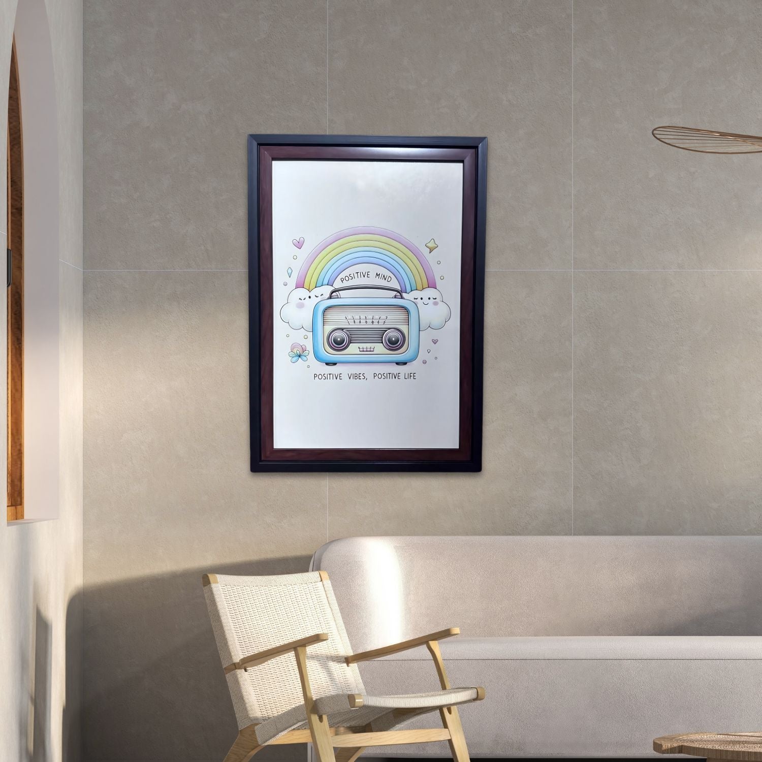 Colorful Rainbow Wall Art With Cute Radio – Positive Vibes Decor Print