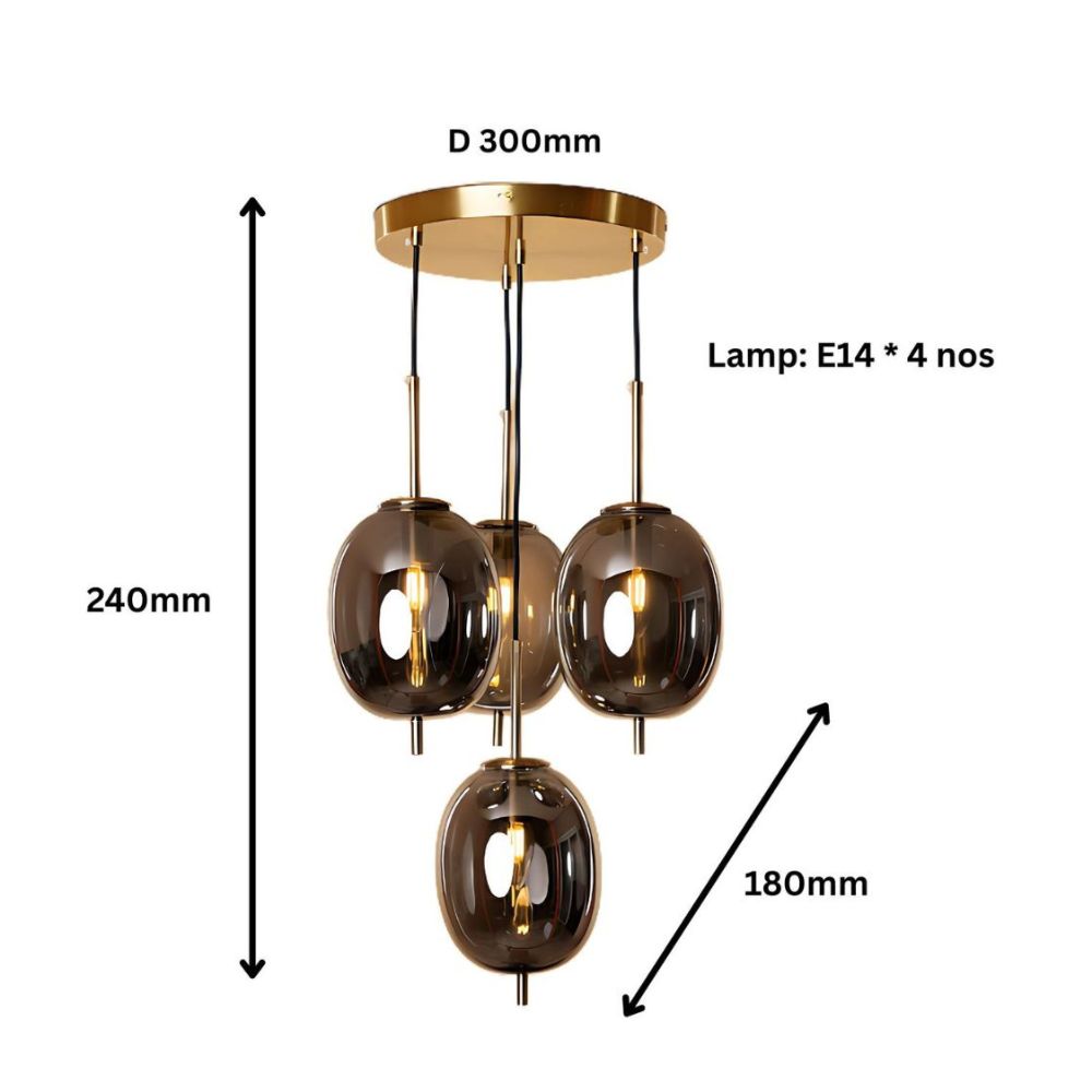 Classic Amber/Smoke Grey Glass Chandelier - Elegant Antique Gold 4-Light Ceiling Pendant