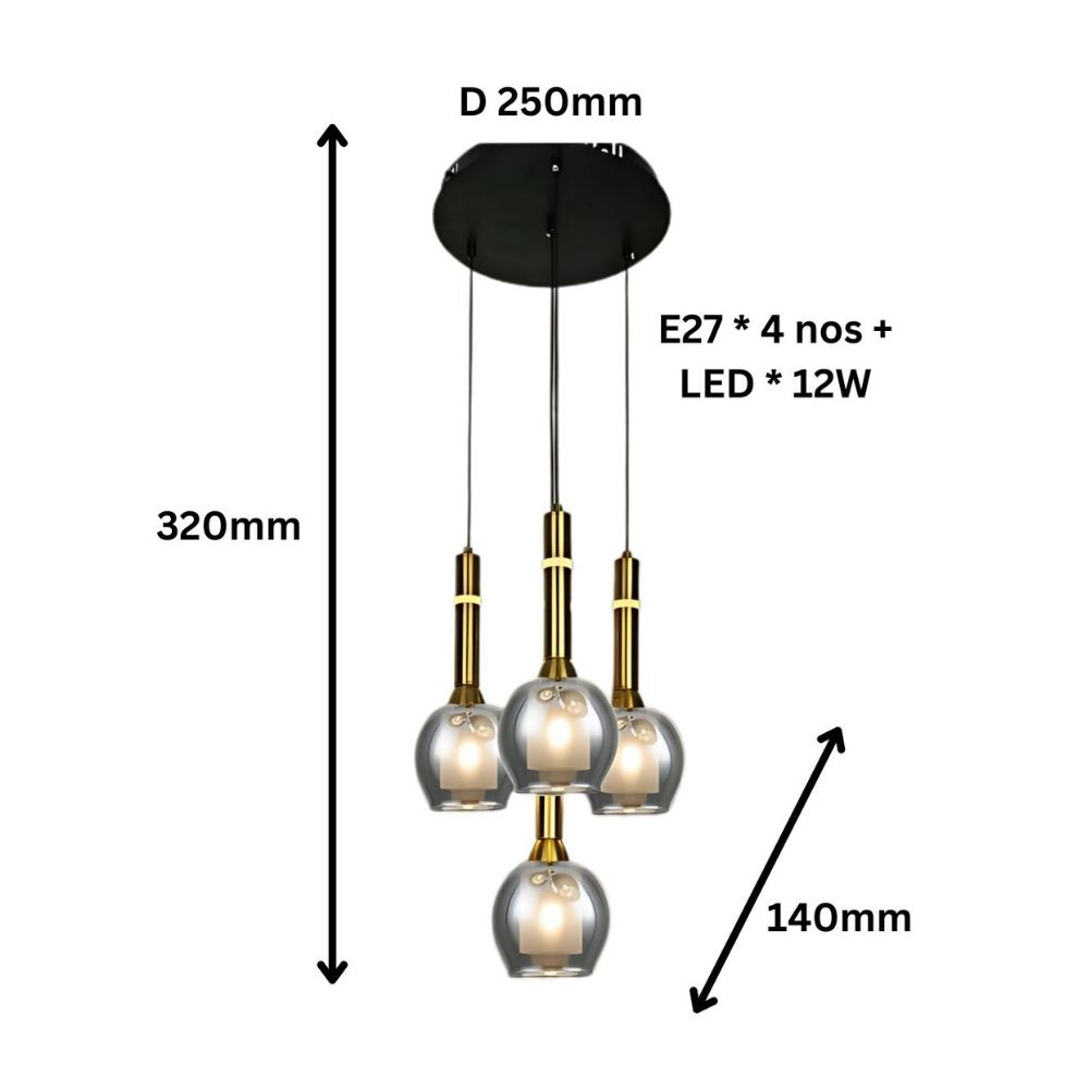 Elegant Amber/Smoke Grey Glass Hanging Lamp - Stylish Black Antique Gold 4-Light Fixture