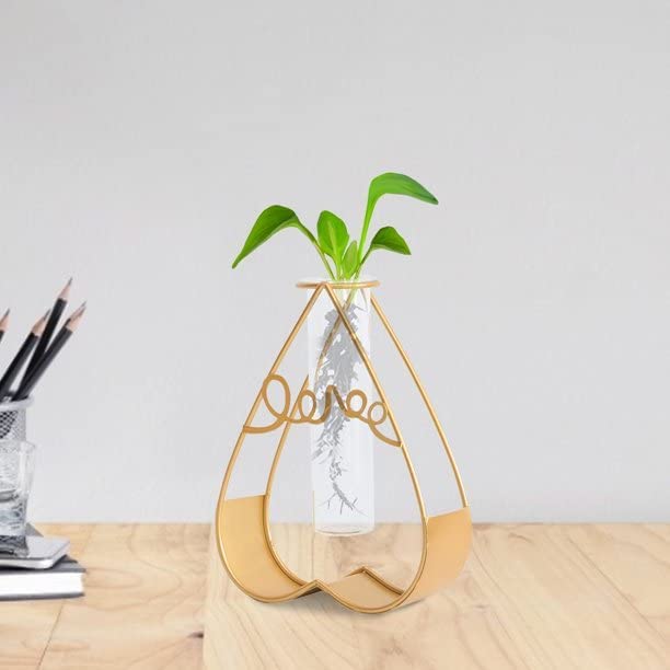 Gold Geometric Metal Vase with Glass Tube – Elegant Decor