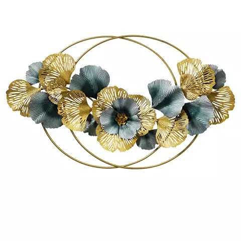 Luxury Floral Metal Wall Art – Gold & Teal Bloom Design