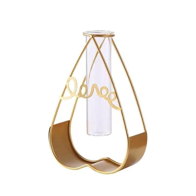 Gold Geometric Metal Vase with Glass Tube – Elegant Decor