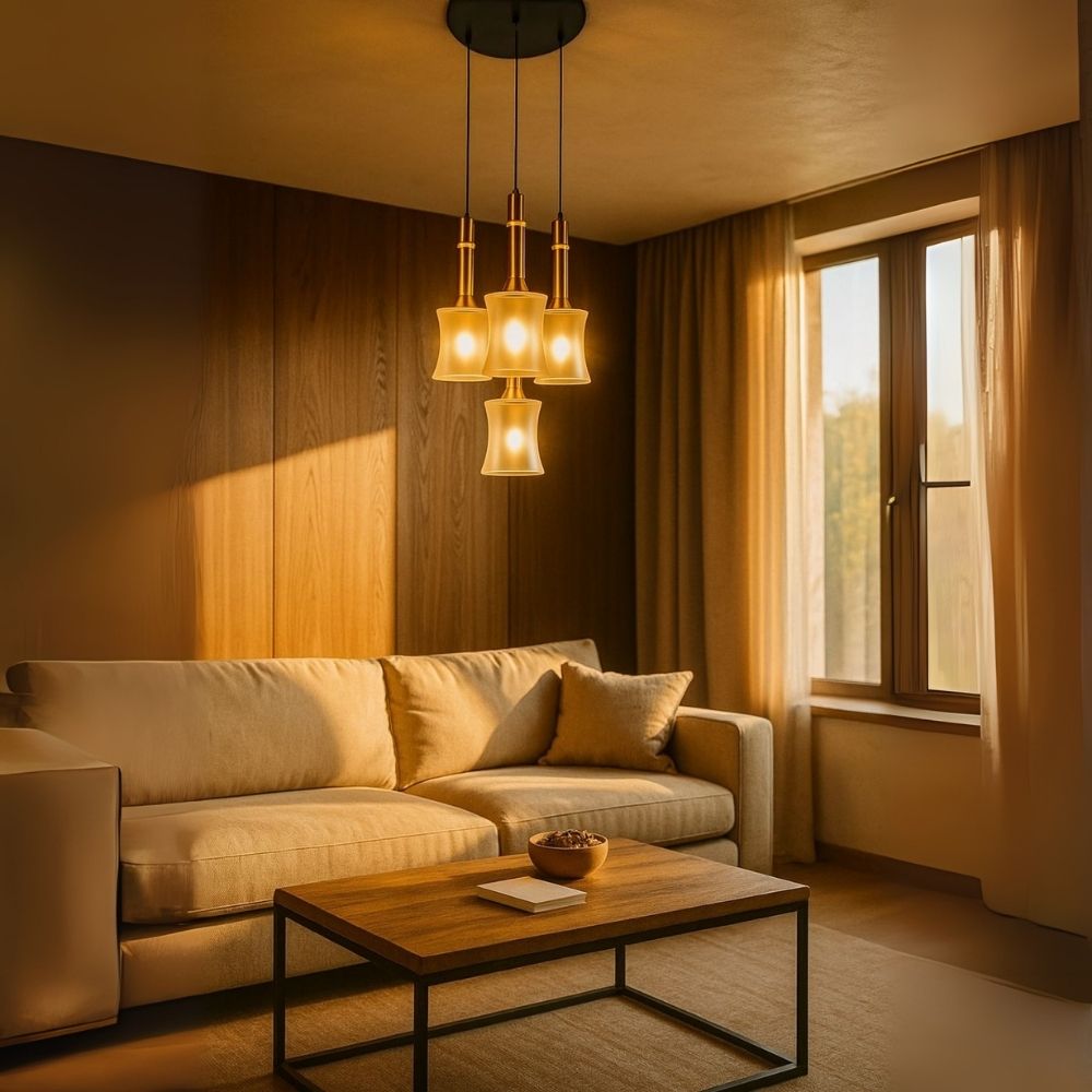 Designer Amber Glass Chandelier - Abstract Black Antique Gold 4-Light Pendant