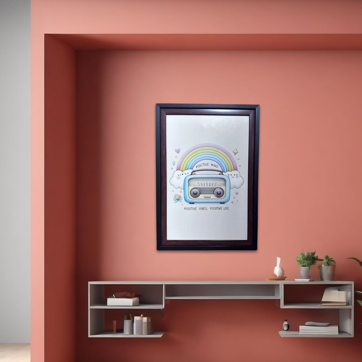 Colorful Rainbow Wall Art With Cute Radio – Positive Vibes Decor Print