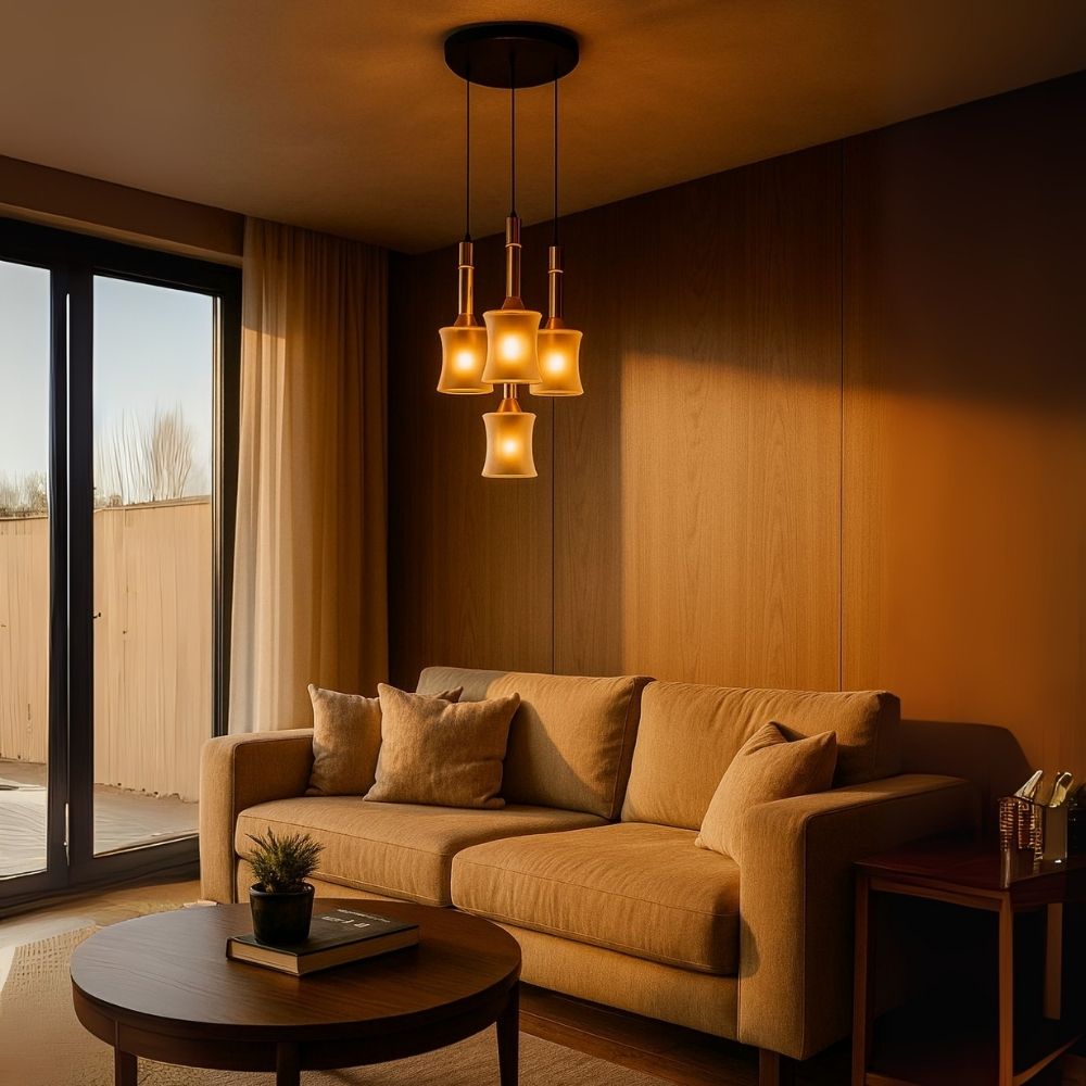 Designer Amber Glass Chandelier - Abstract Black Antique Gold 4-Light Pendant