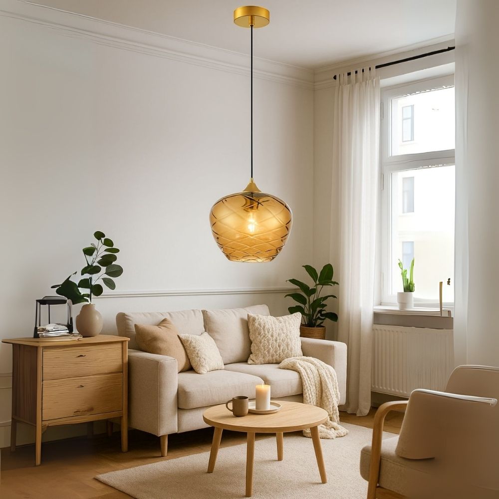 Elegant Amber, Green & Coffee Diamond-Cut Glass Pendant Light For Modern Interiors
