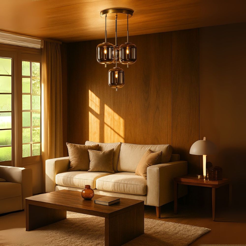 Modern Smoke Grey Glass Chandelier - Antique Gold Stylish Ceiling Lamp Design