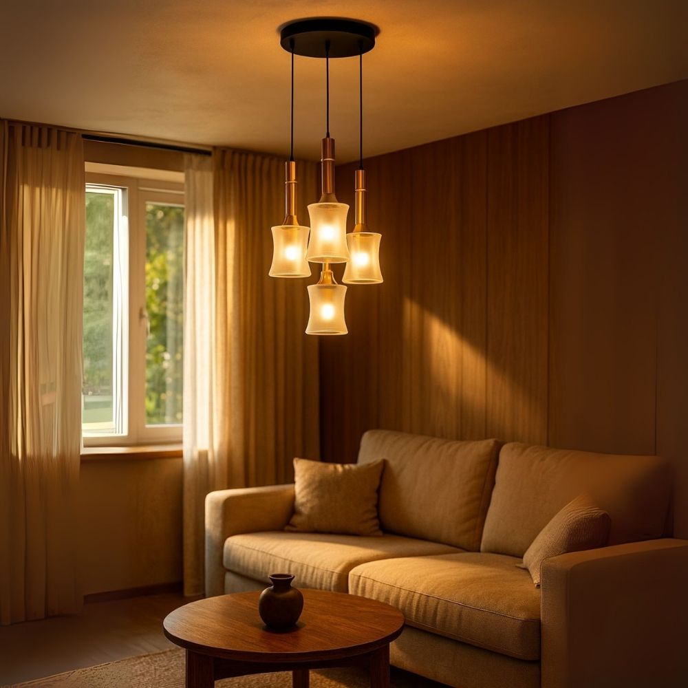 Designer Amber Glass Chandelier - Abstract Black Antique Gold 4-Light Pendant