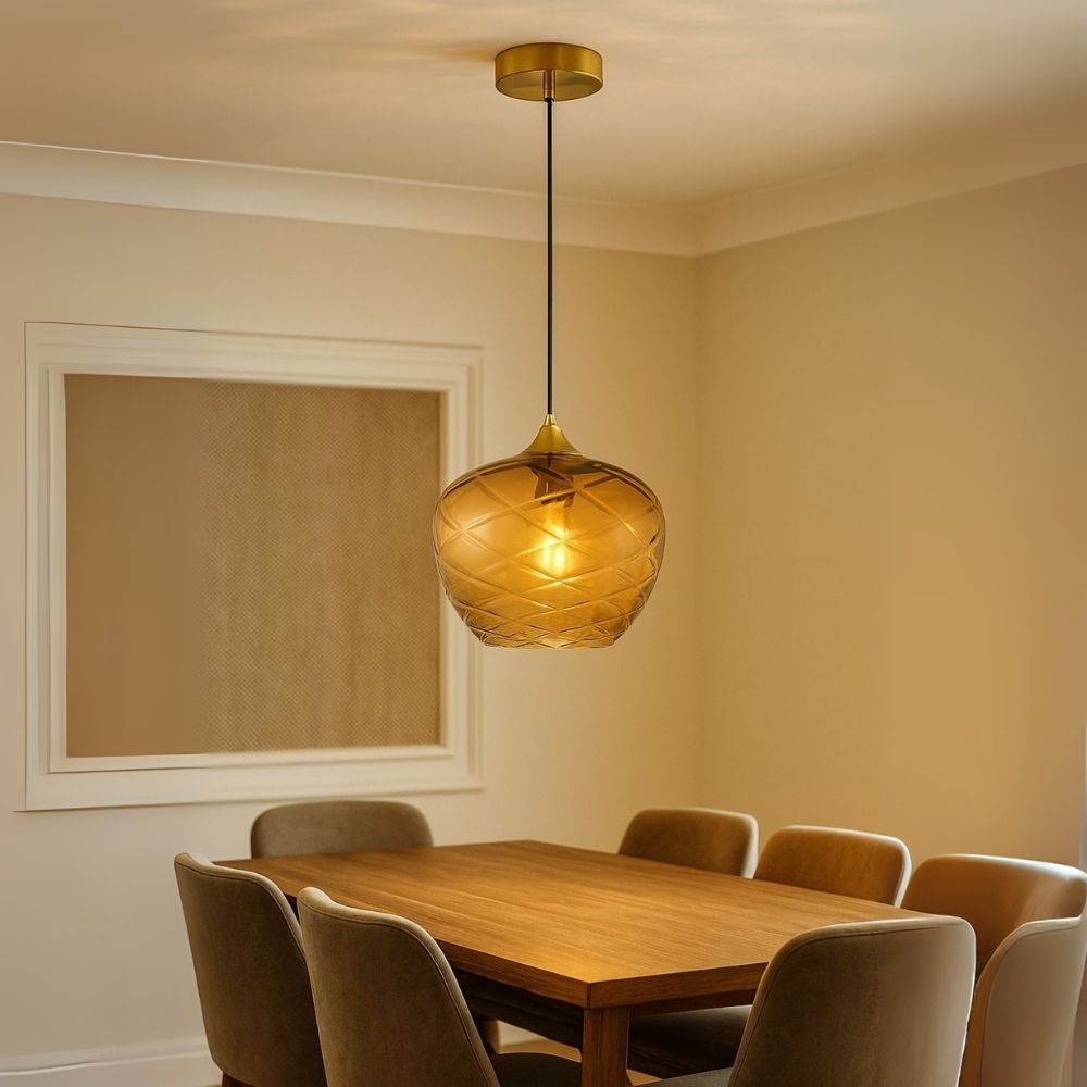 Elegant Amber, Green & Coffee Diamond-Cut Glass Pendant Light For Modern Interiors