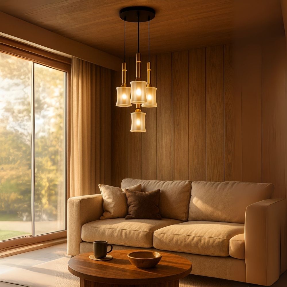 Designer Amber Glass Chandelier - Abstract Black Antique Gold 4-Light Pendant