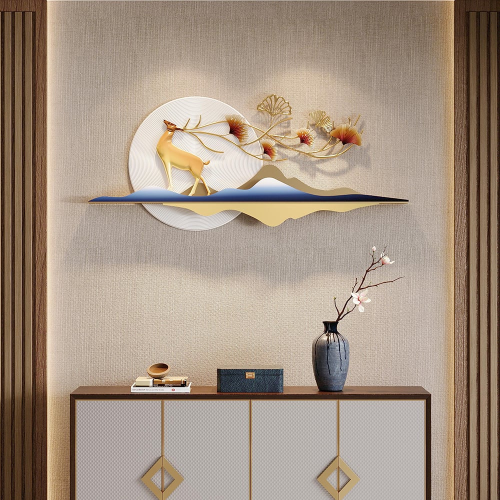 Elegant 3D Metal Wall Art – Golden Deer & Nature Scene