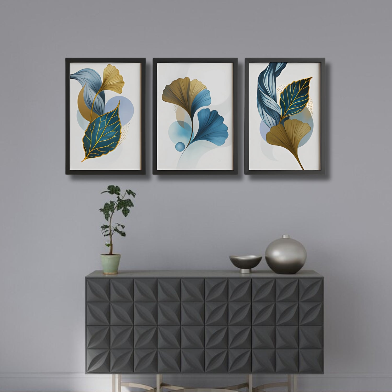 Modern Blue and Gold Abstract Leaf Canvas Wall Art Set