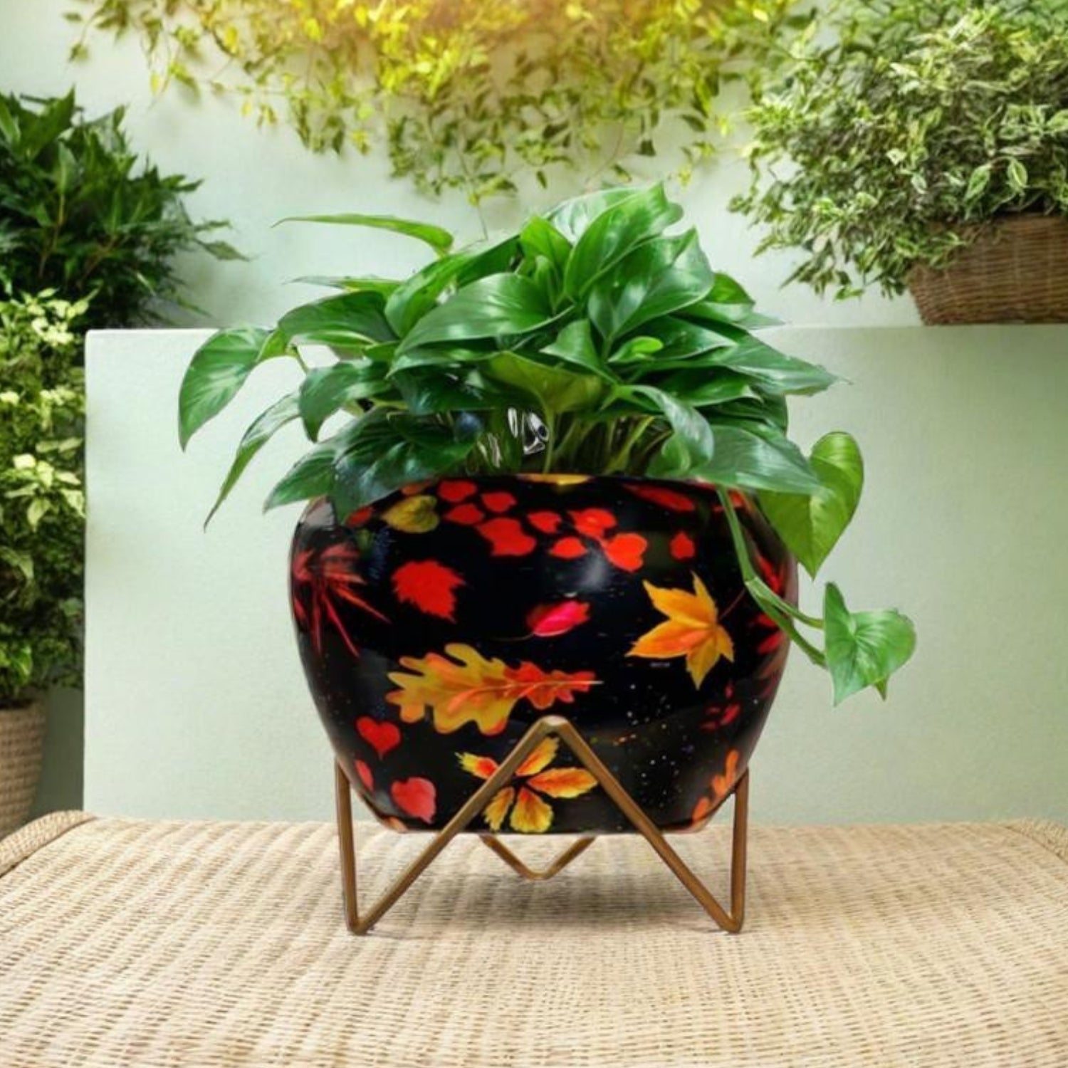 Vibrant 5" Orchid Pot - Yellow Leaf Print Design with Stand - Nestern