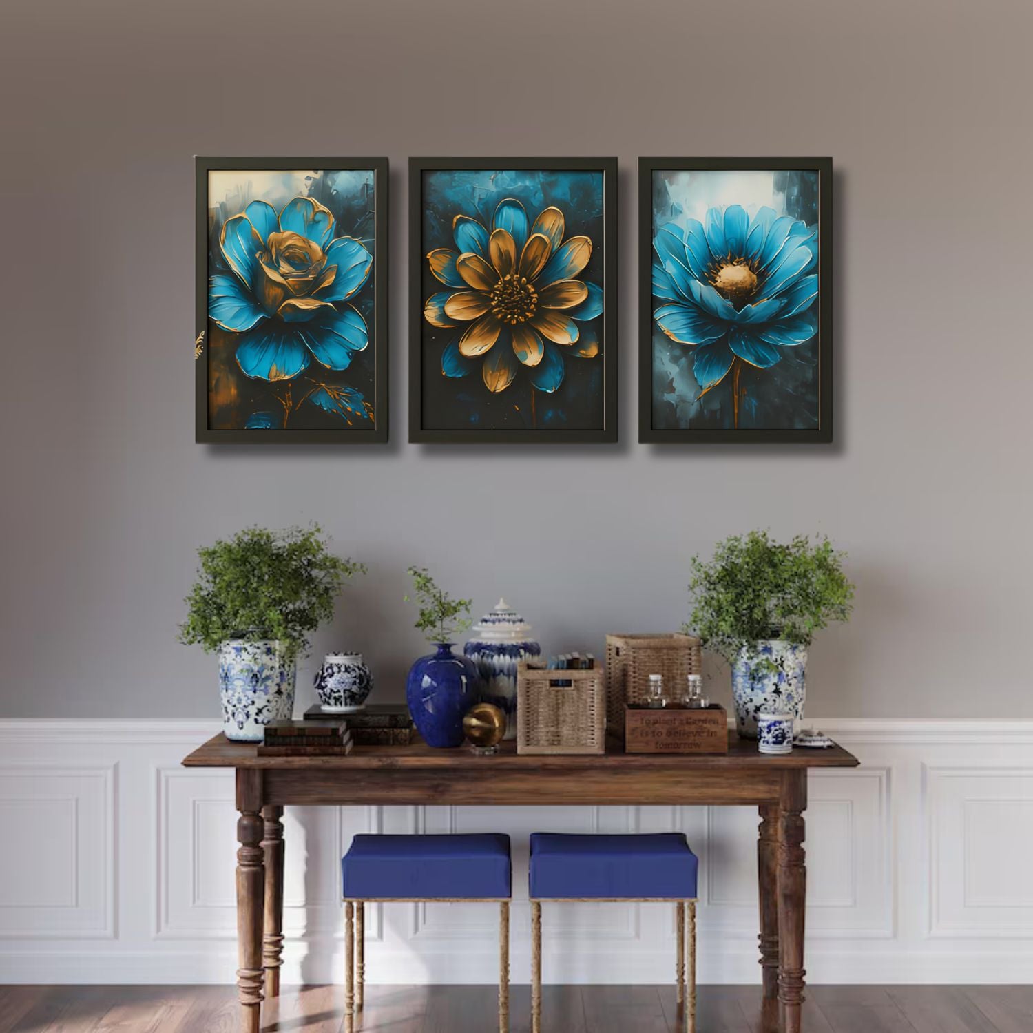 Beautiful Modern Bold Blue and Gold Floral Canvas Wall Art Set of 3