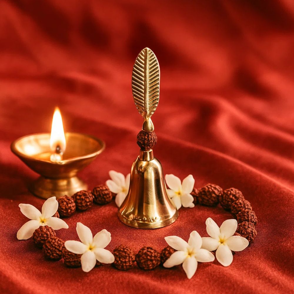 Silver Plated Rudra Bell With Sacred Rudraksha For Puja Rituals