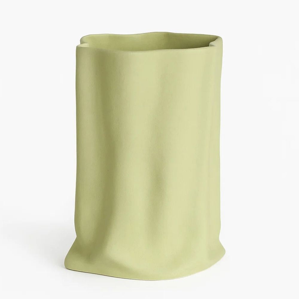 Hand Pinched Textured Paper Bag Style Vase in Cheese Matcha Finish