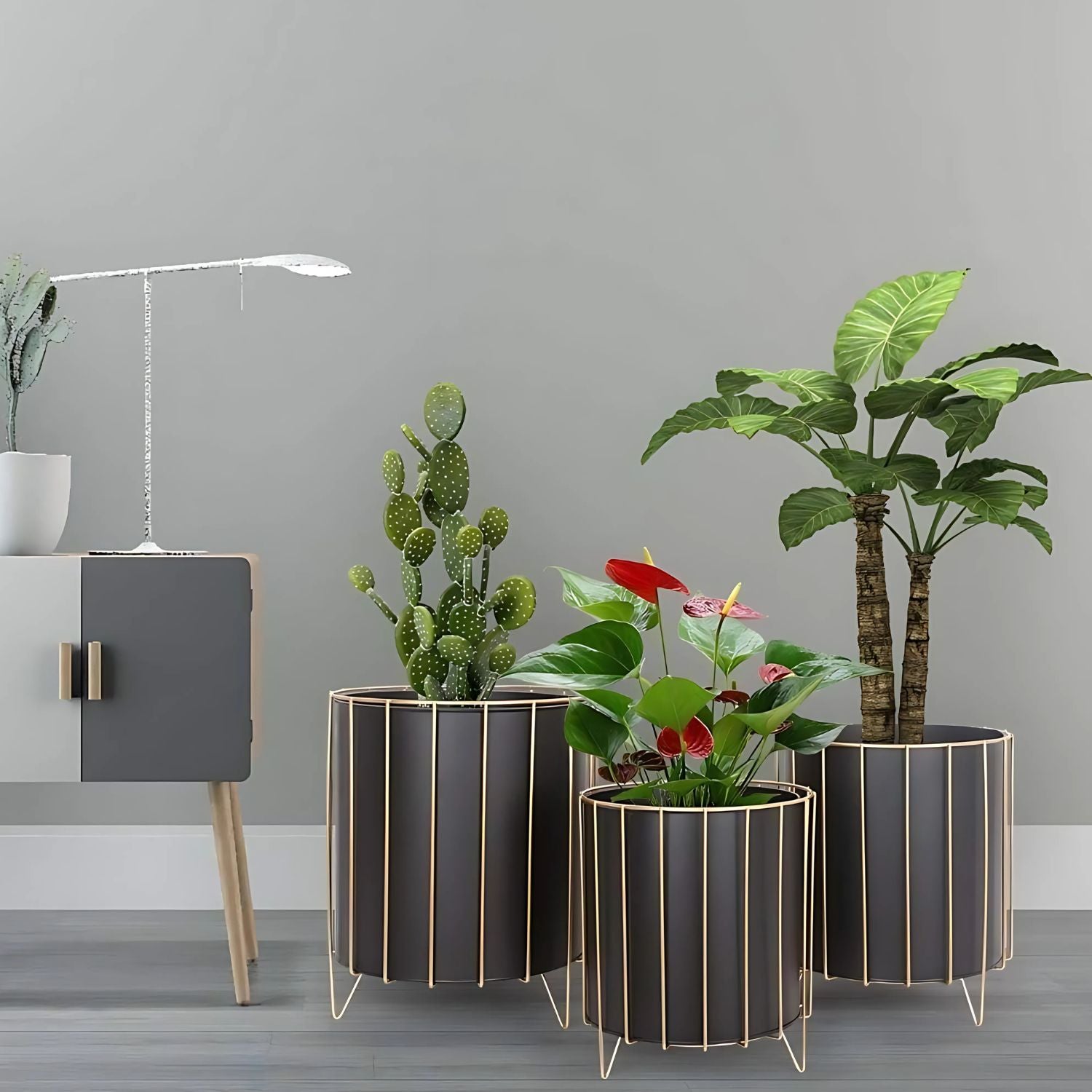 Modern Round Metal Plant Stand Set With Gold Frame - 3 Sizes