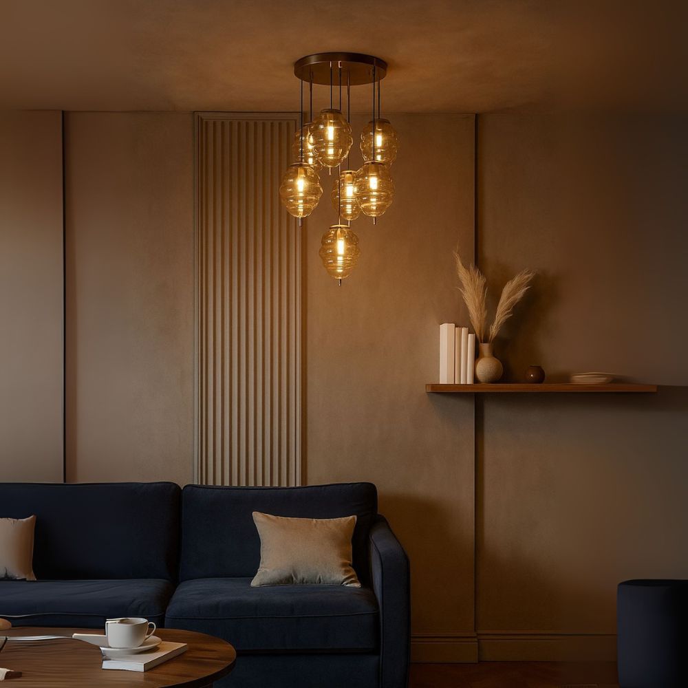 Elegant Modern Ceiling Light - Antique Gold With Amber/Smoke Grey Glass Chandelier