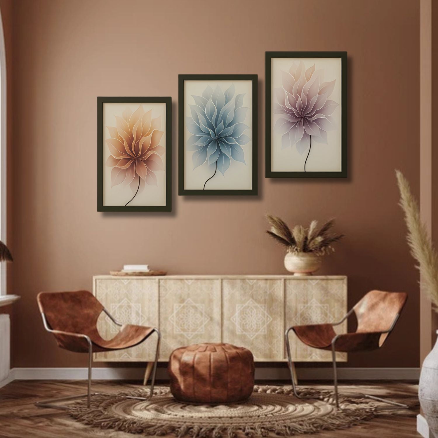 Modern Minimalist Floral Wall Art Set - 3 Framed Botanical Prints