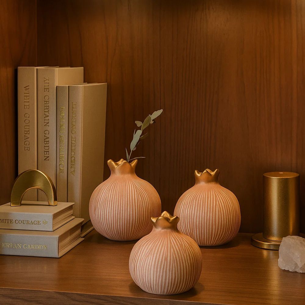 Elegant Pomegranate Jewel Vase Set With Silver & Red Golden Crown Accents