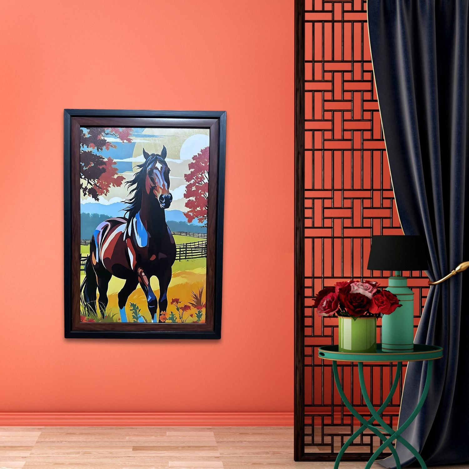 Majestic Horse in Autumn Field - Colorful Framed Farmhouse Wall Art Print