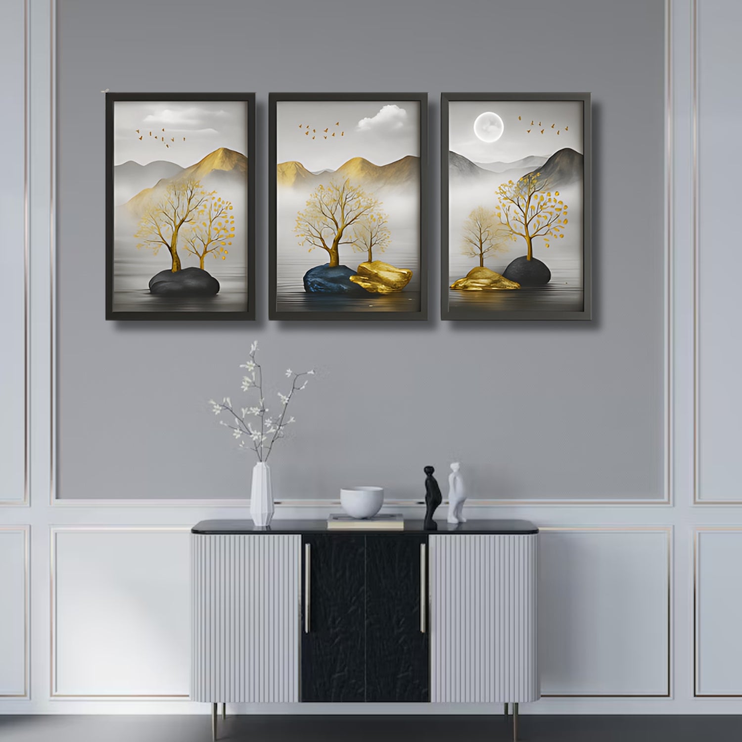 Elegant Golden Tree Landscape Canvas Wall Art Set With Mountain View