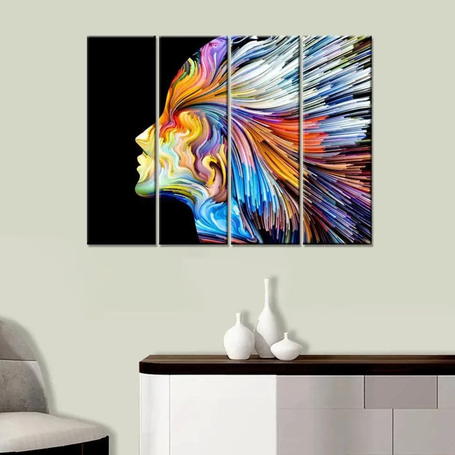 Spectrum of Thought - Modern Woman Face 4 Panels Abstract Canvas Wall Art