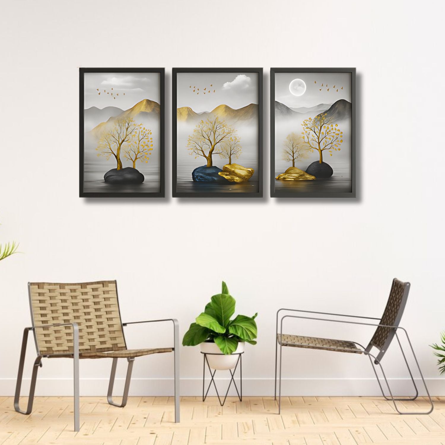 Elegant Golden Tree Landscape Canvas Wall Art Set With Mountain View