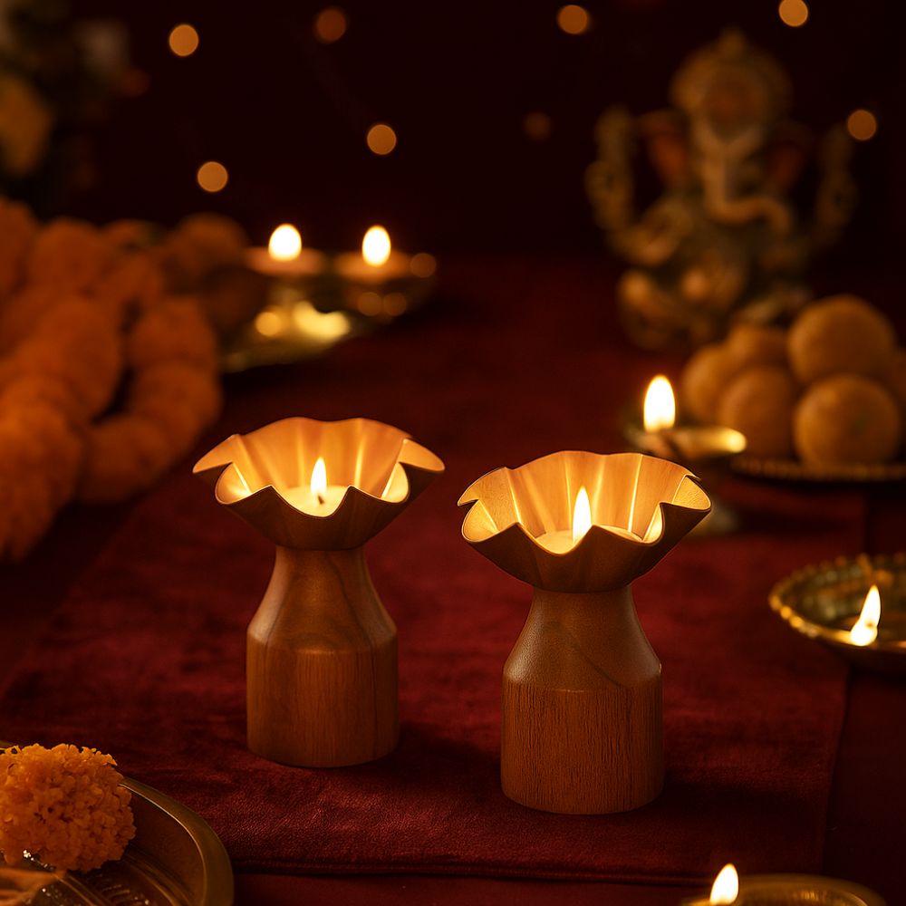 Rustic Bloom Wooden Tealight Holders With Golden Flower Design - Set of 2