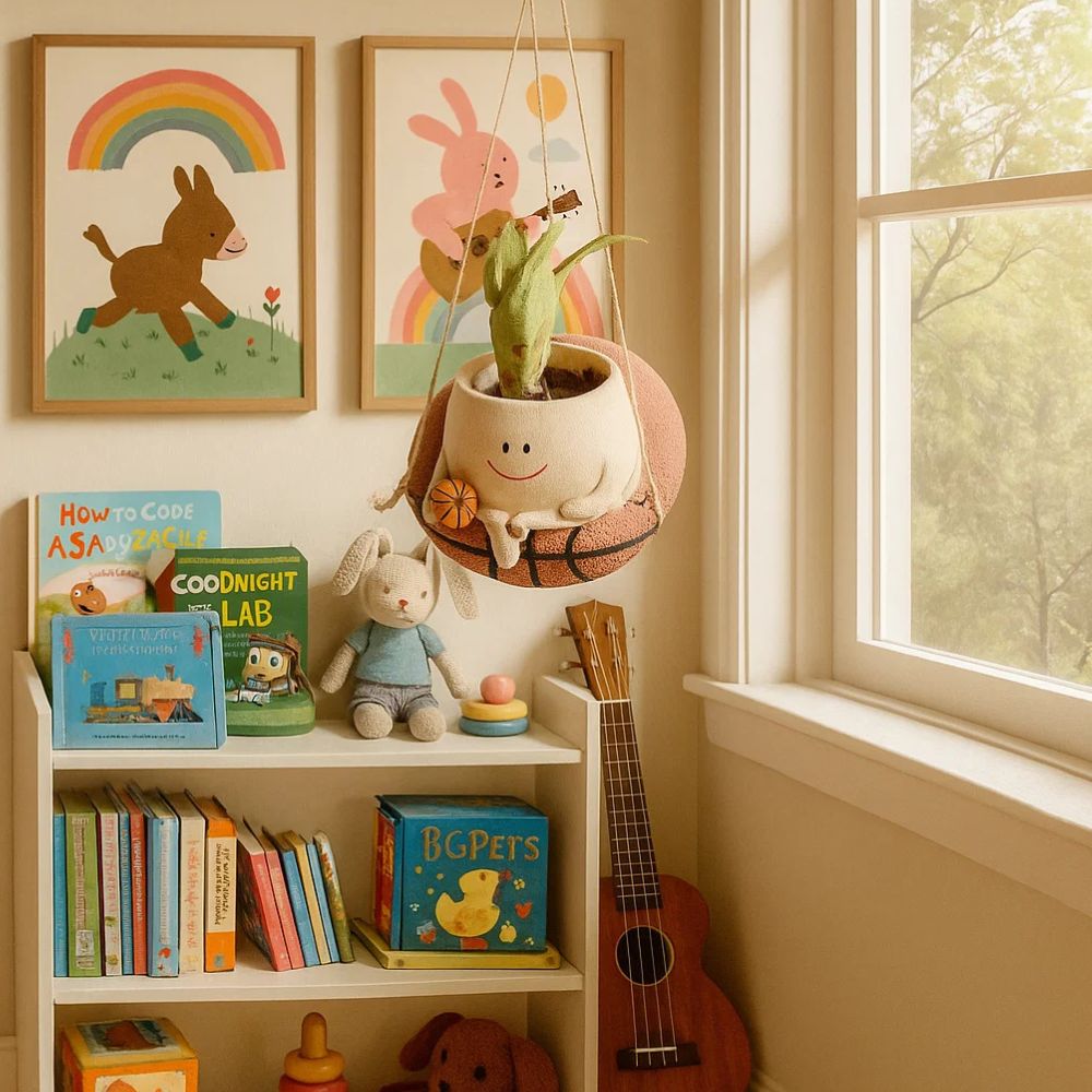 Bouncy Bloom Hanging Basket Planter With Cute Basketball Design