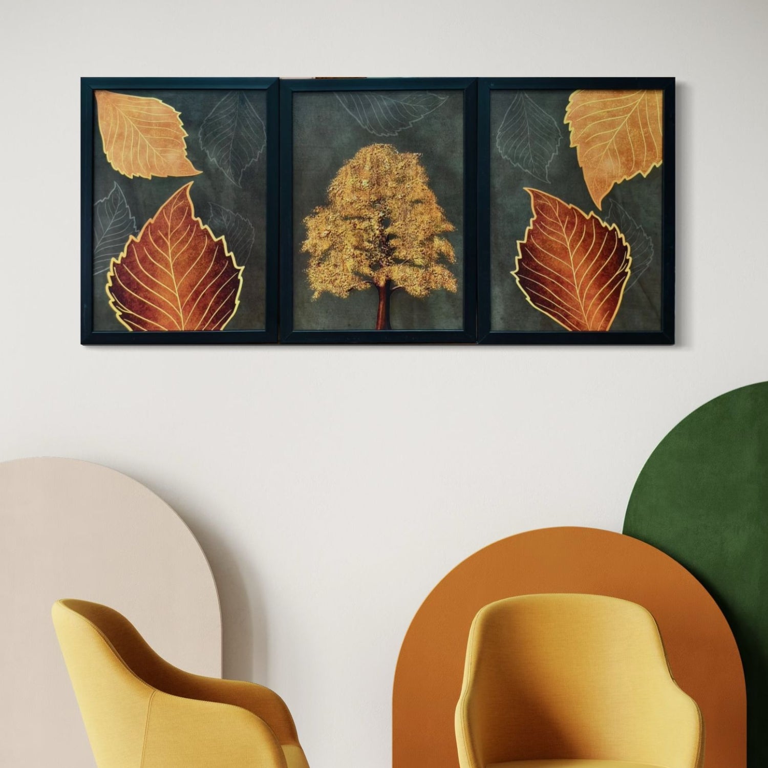 Autumn Golden Leaf Wall Art Set - 3 Framed Botanical Nature Prints