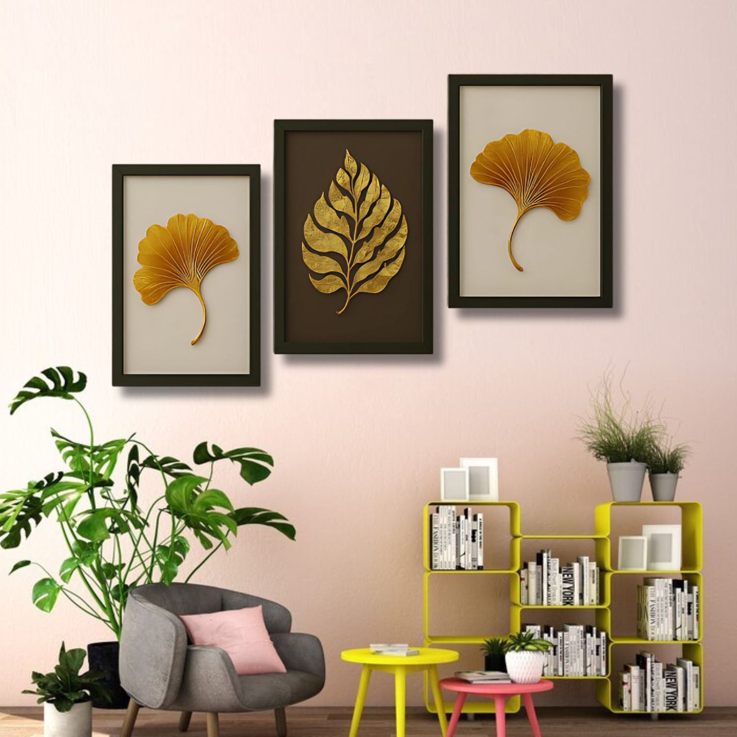 Luxury Gold Leaf Wall Art Set - 3 Framed Metallic Botanical Prints