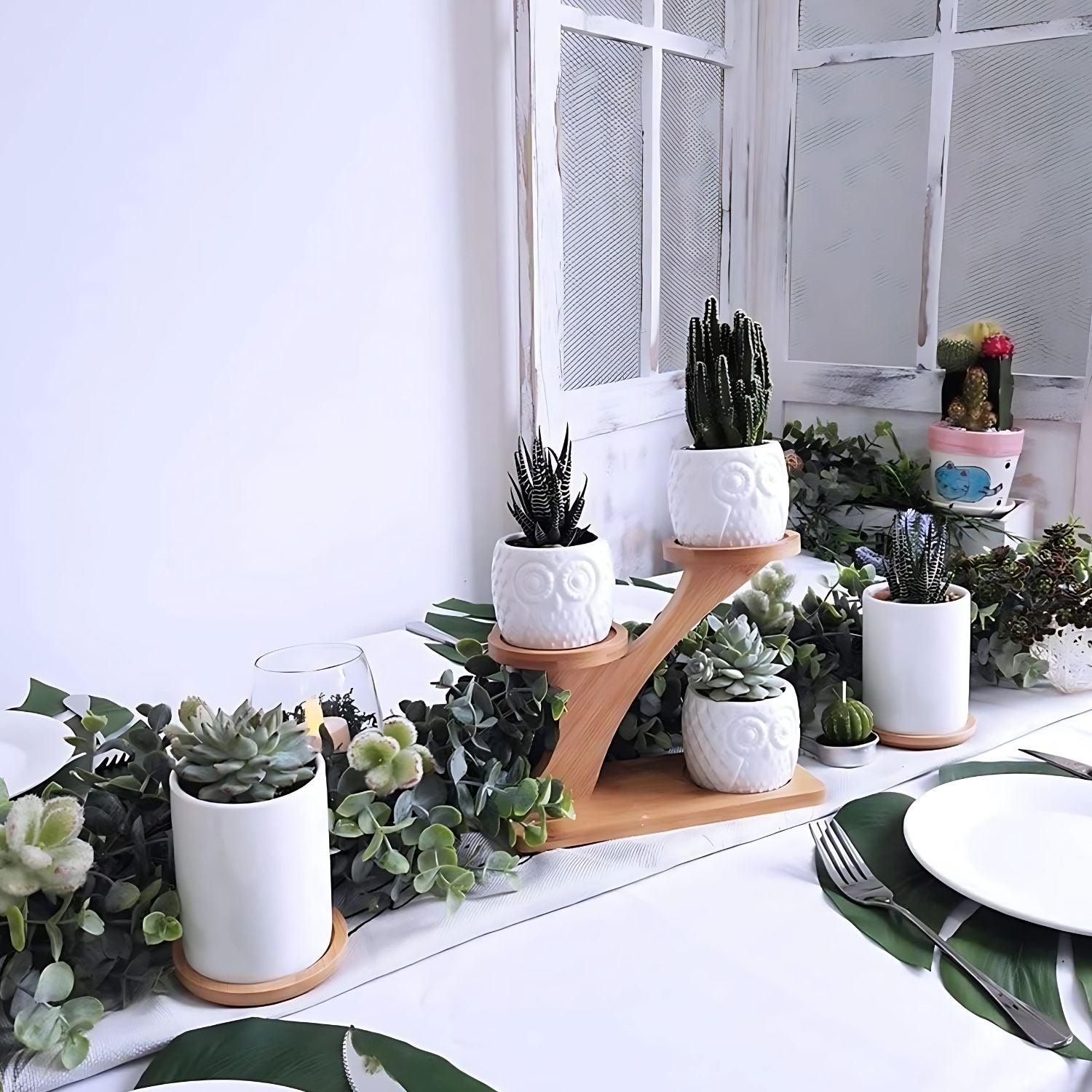 Elegant Multi-Tier Bamboo Plant Stand With 3 Ceramic Owl Planters