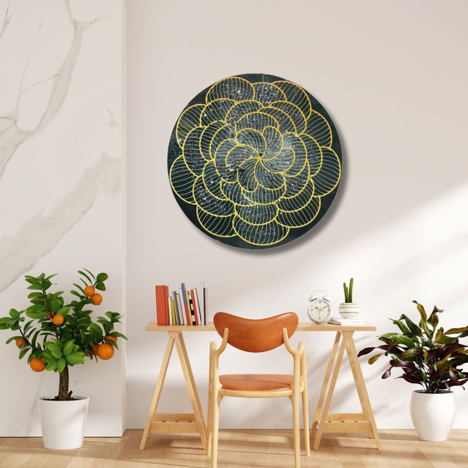 Modern Geometric Round Wall Art With Golden Floral Design
