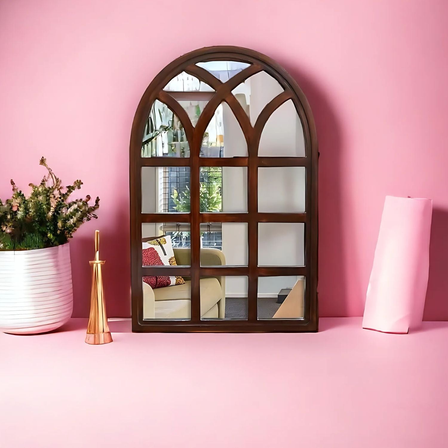 Arched Wooden Wall Mirror - Classic Decorative Accent For Home Interiors